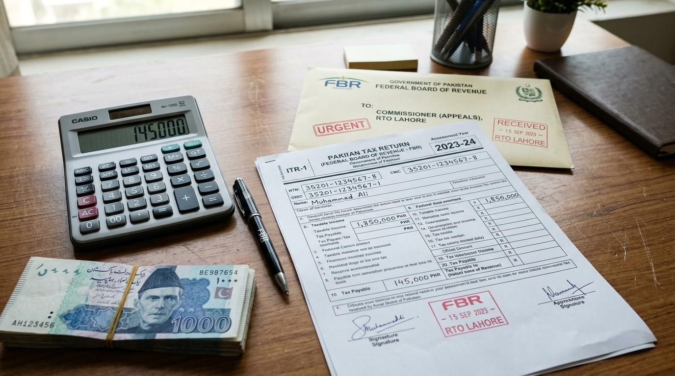 FBR filer property tax in Pakistan showing tax return document and PKR currency