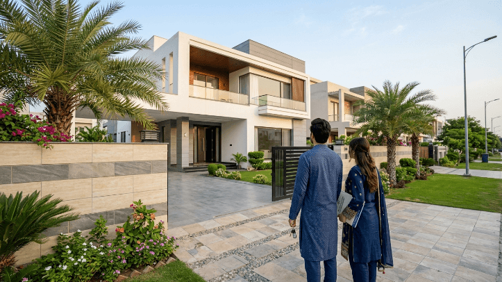 First-time home buyers in Pakistan viewing a modern house in DHA Lahore
