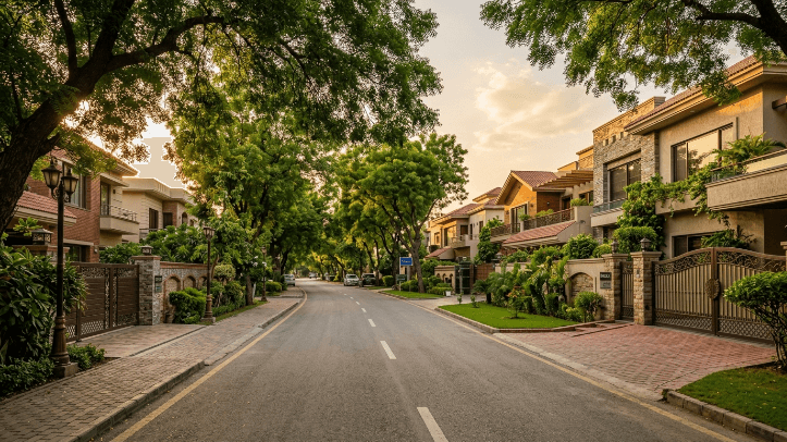 Tree-lined street in DHA Phase 5 Lahore showing premium residential houses in J Block