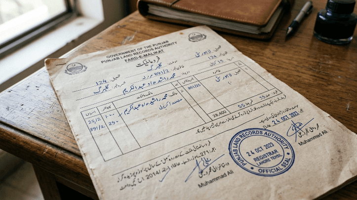 Intiqal Punjab property mutation document showing Fard land record with PLRA stamp