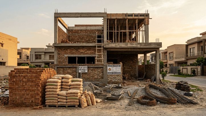 House construction cost in Lahore showing typical RCC frame and brick stage of new build