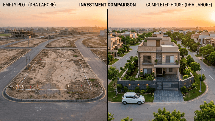 Plot vs house investment in Pakistan showing empty DHA plot next to completed modern house