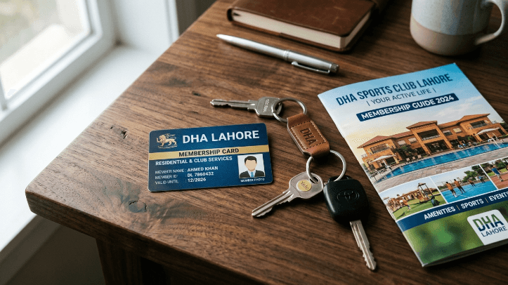 DHA membership card with DHA Sports Club brochure for Lahore residents