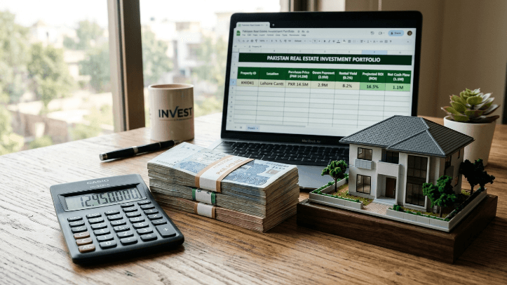 Rental yield in Lahore investment calculation with PKR currency, calculator, and house model