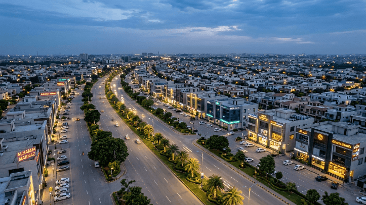 Aerial view of DHA Phase 6 Lahore Sector 2 Boulevard showing commercial zone and residential blocks