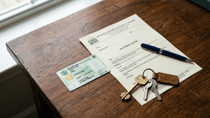 DHA Lahore house buying process showing CNIC, Allotment Letter, and house keys on a desk