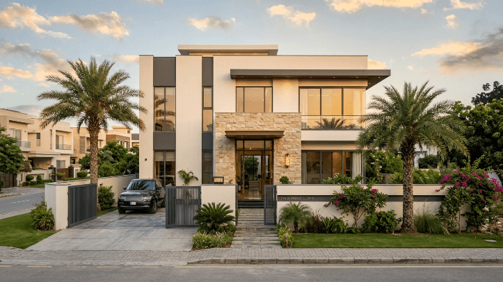 Modern Pakistani house design in DHA Lahore showing 2026 facade trends