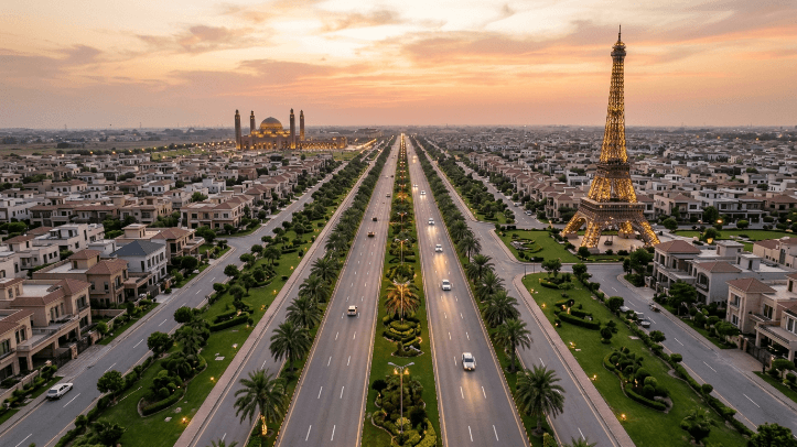 Aerial view of Bahria Town Lahore central boulevard showing Eiffel Tower replica and residential sectors